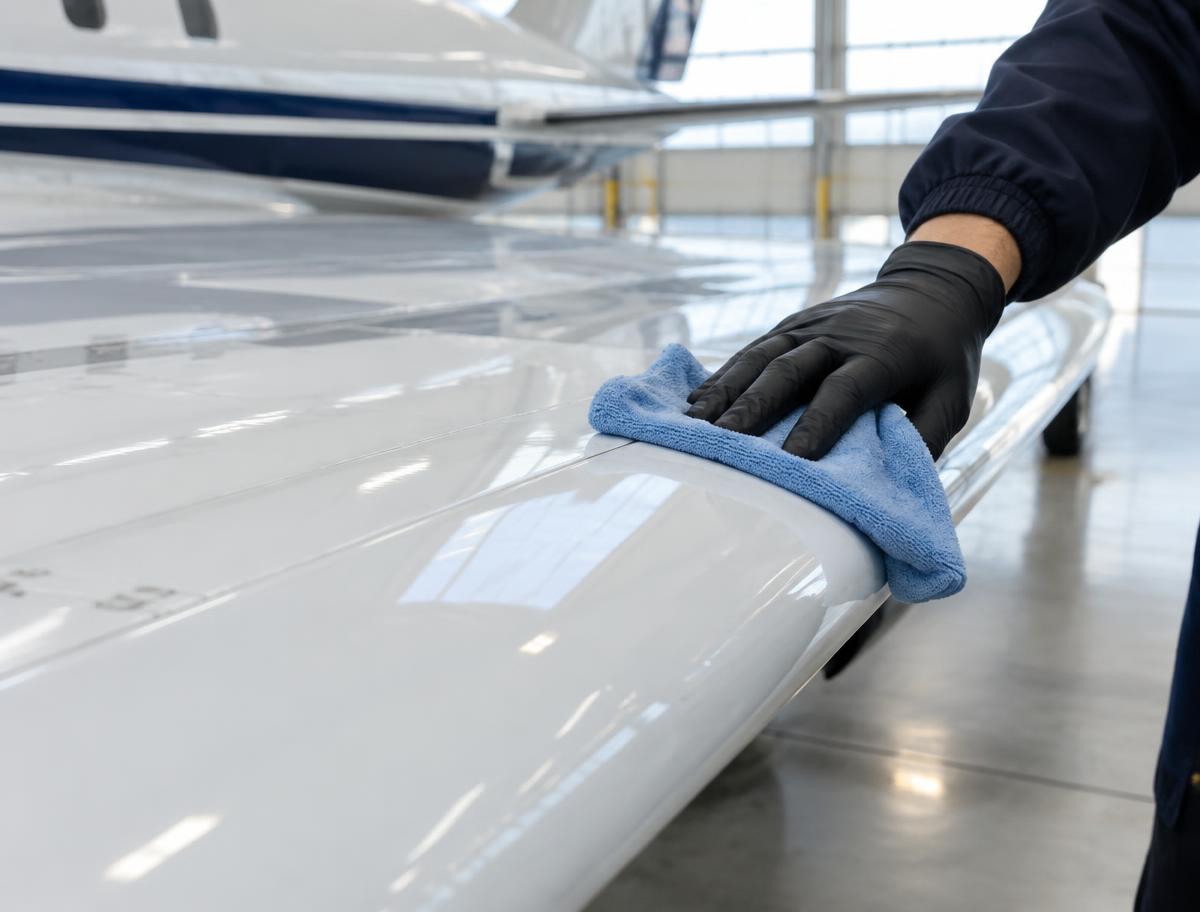 Gloved hand polishing an aircraft wing leading edge with microfiber